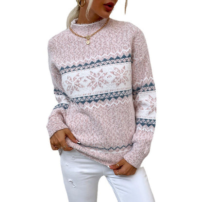 Winter Snowflake Sweater Fashion Half Turtleneck Pullover Knitted Tops Women's Christmas Clothing